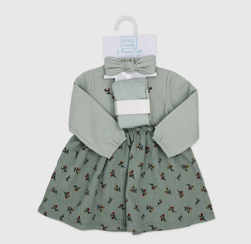 Girls 3 Piece Crinkled Dress Set | Green Floral