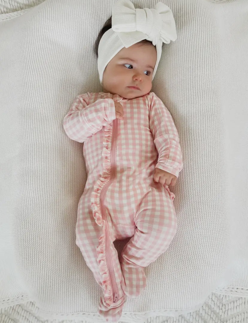2-Way Zip Ruffle Onesie | Pink Gingham