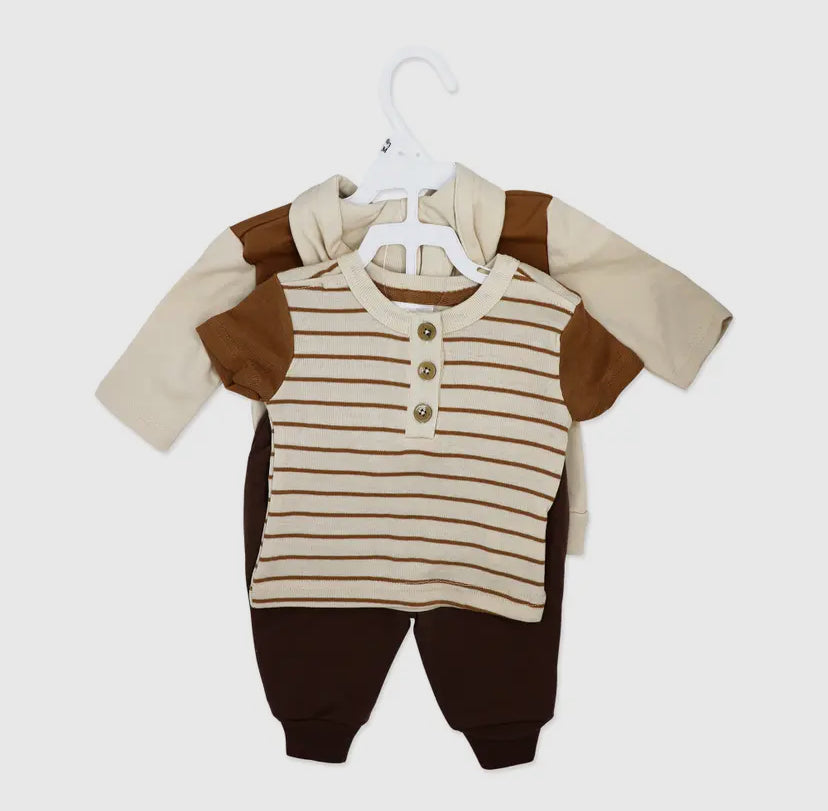 Boys 3 Piece French Terry Jacket Set | Brown Stripe
