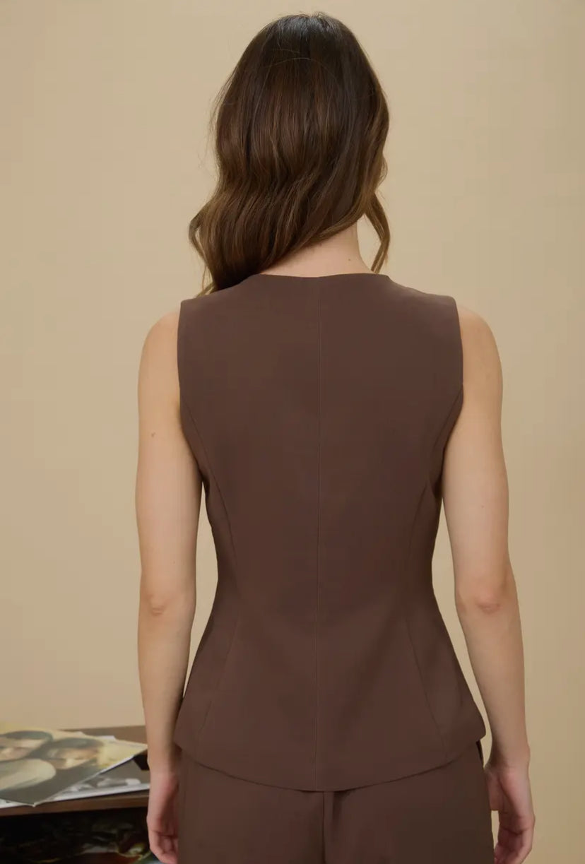 Thea Long Line Vest | Brown