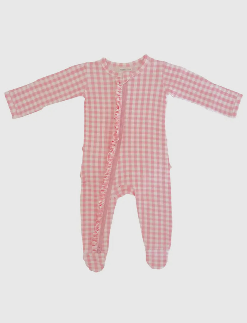 2-Way Zip Ruffle Onesie | Pink Gingham