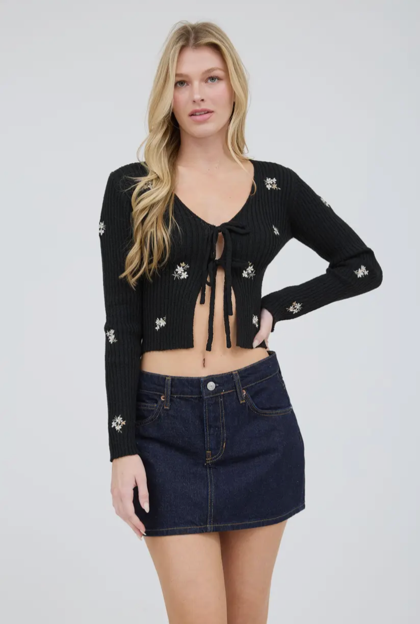 Bouquet Front Tie Cardi | Black