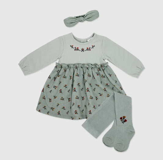 Girls 3 Piece Crinkled Dress Set | Green Floral
