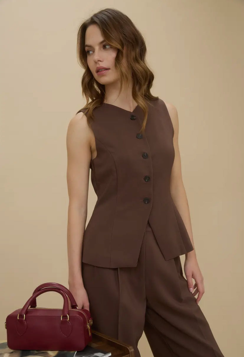 Thea Long Line Vest | Brown
