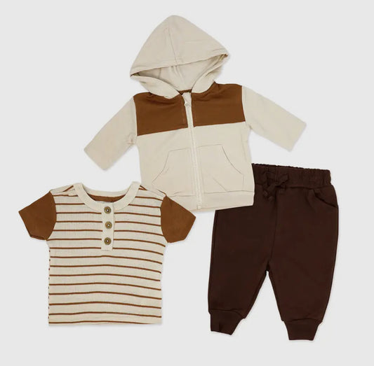 Boys 3 Piece French Terry Jacket Set | Brown Stripe