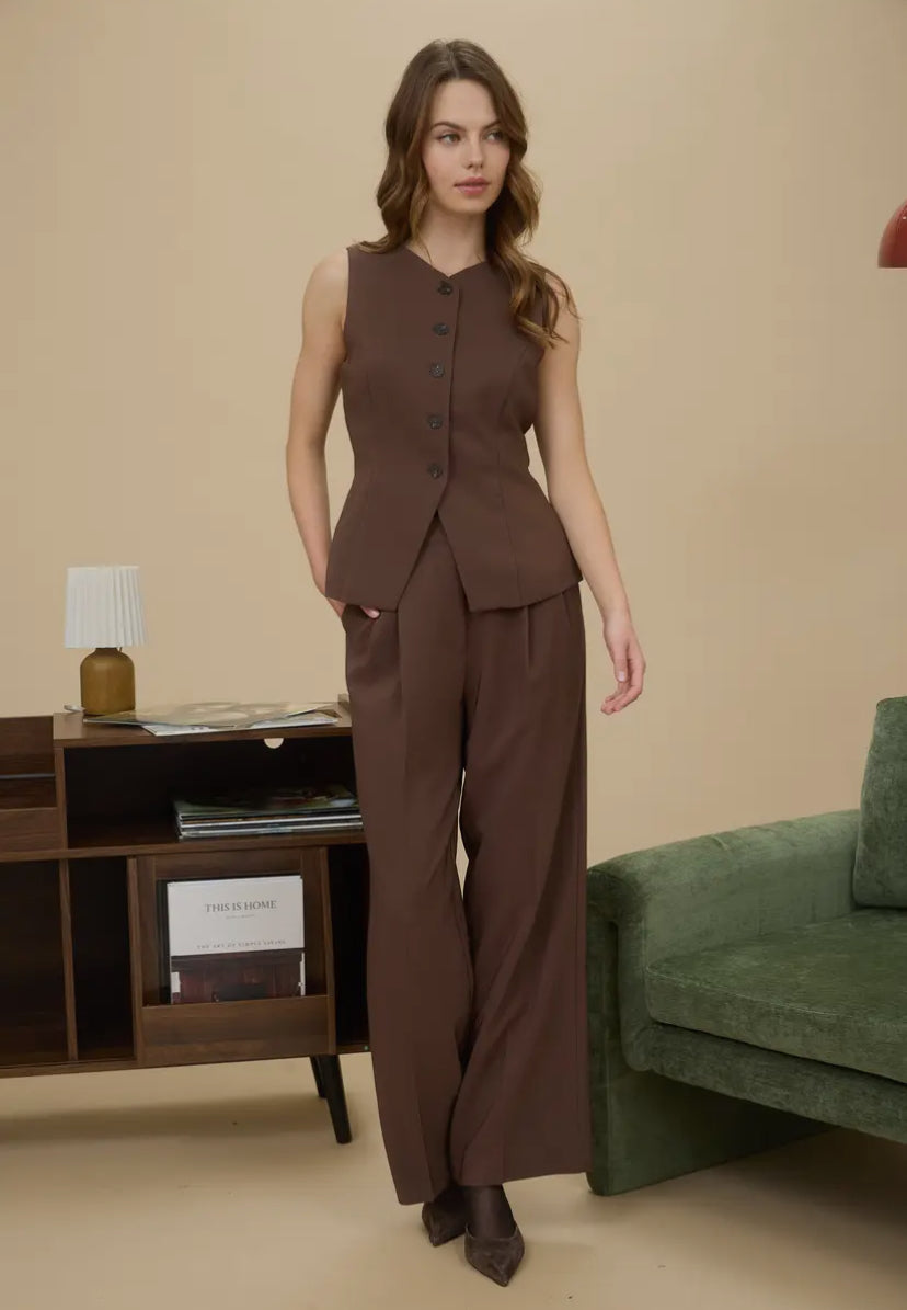 Thea Long Line Vest | Brown