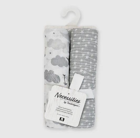 2 Pack Muslin Swaddle Blankets | Sweet Dream | Grey
