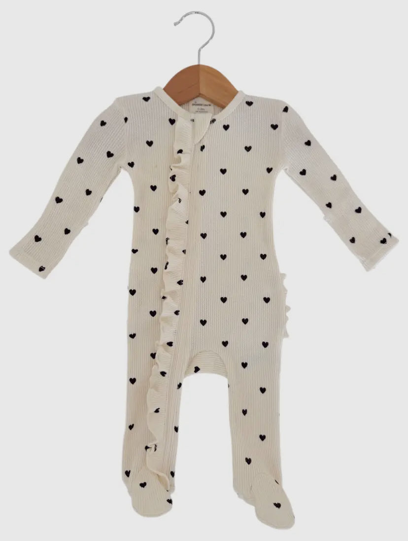 Organic Waffle 2-Way Zip Ruffle Onesie | Black Heart