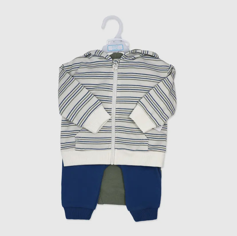 Boys 3 Piece Hooded French Terry Set | Sage Stripe