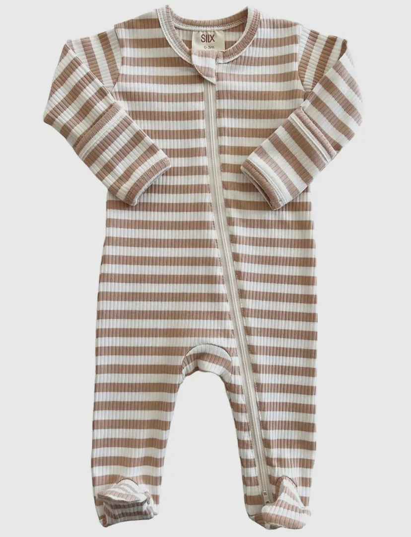 Tan Stripe Organic Ribbed Zip Onesie