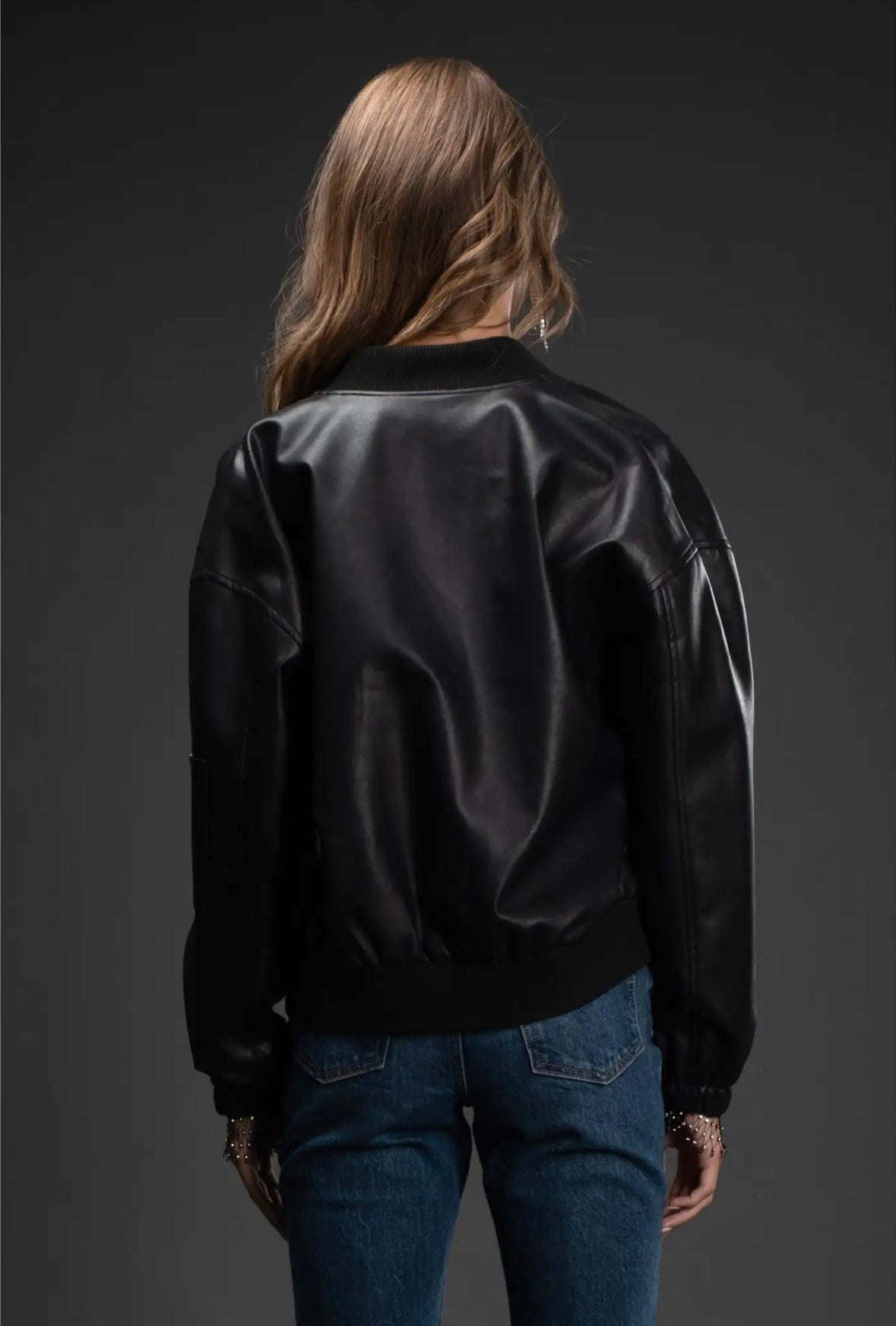 Davie Faux Leather Bomber Jacket | Black