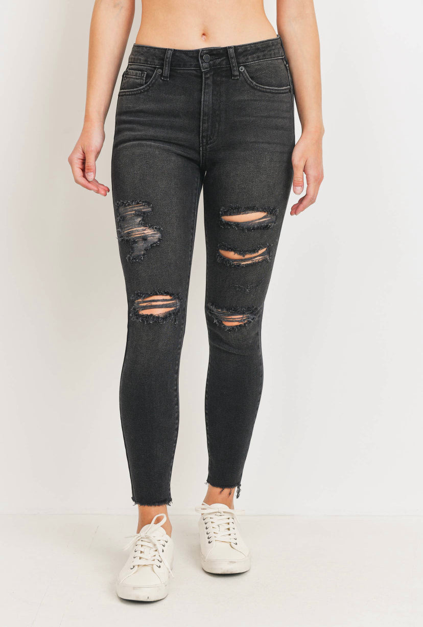 High Rise Distressed Skinny W.BLK Jeans