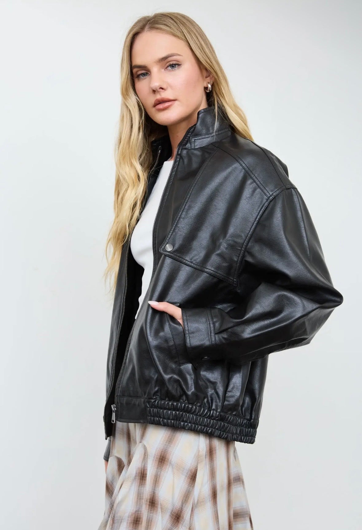 Rhodes Faux Leather Bomber | Midnight