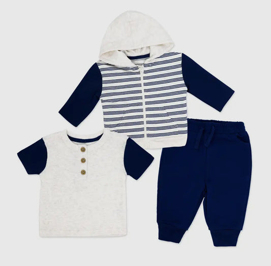 Boys 3 Piece French Terry Jacket Set | Navy Stripe