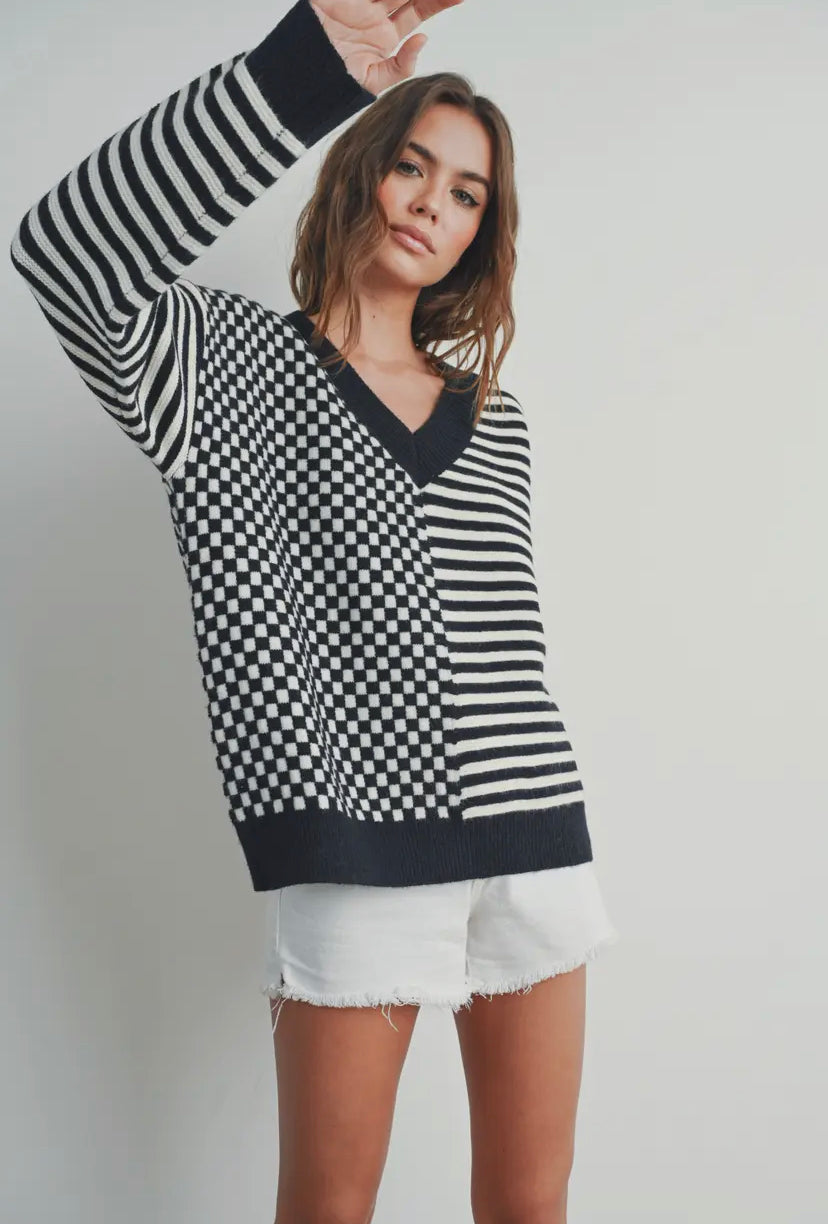 Frenchy Checker Knit Sweater | Black/Ivory