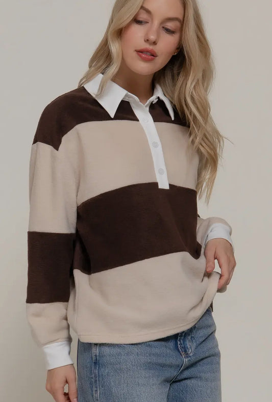 Harrisa Rugby Polo Top | Cream/Brown
