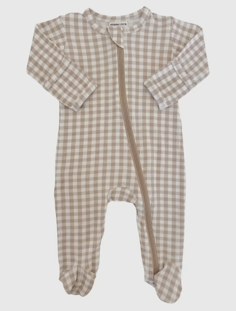 2-Way Zip Onesie | Tan Gingham