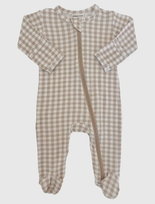2-Way Zip Onesie | Tan Gingham