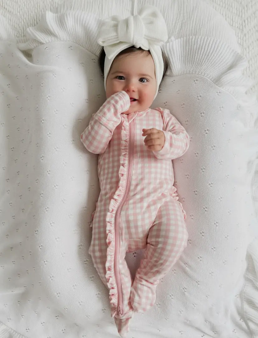 2-Way Zip Ruffle Onesie | Pink Gingham