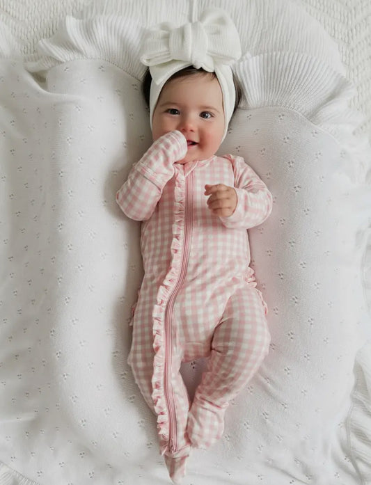 2-Way Zip Ruffle Onesie | Pink Gingham