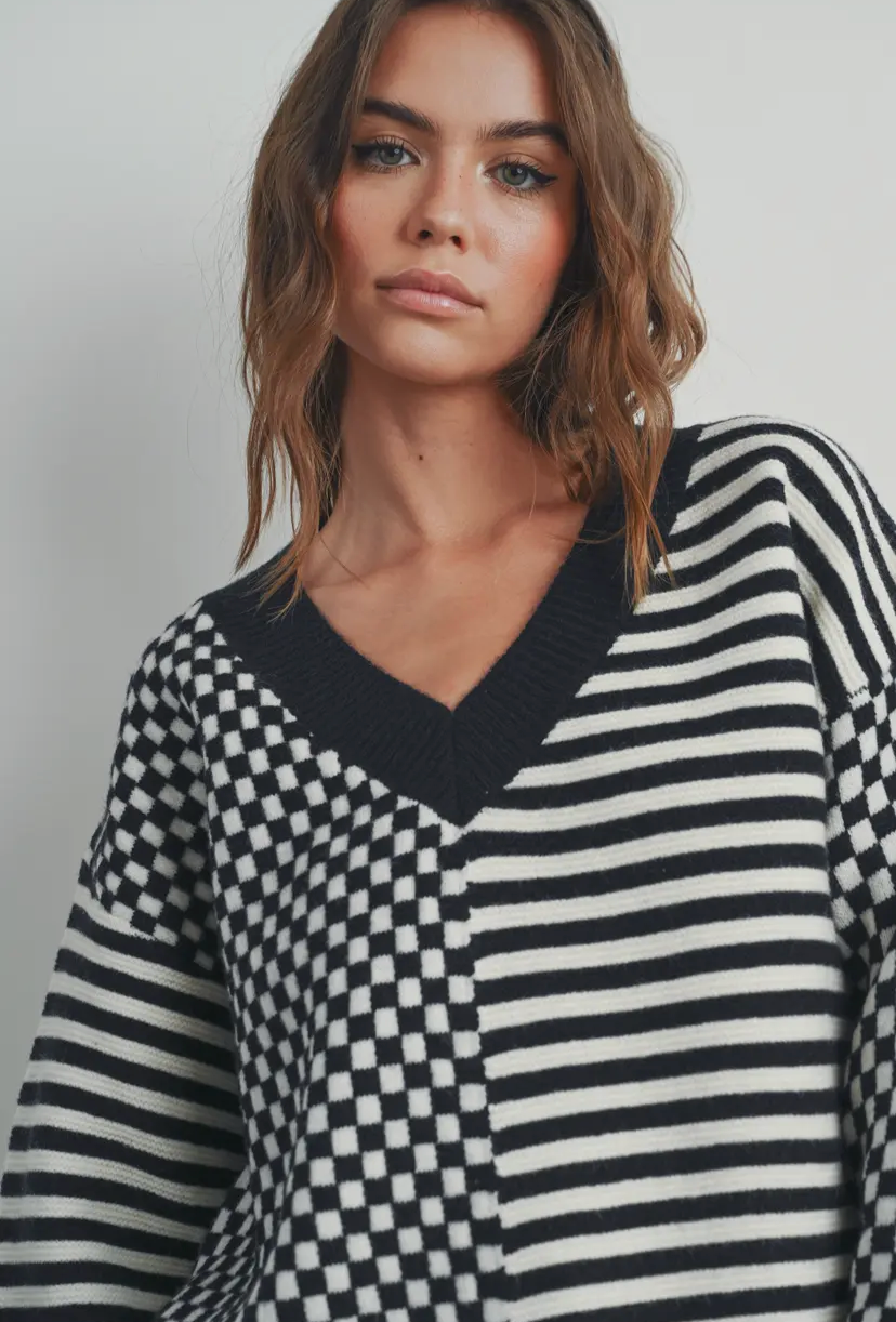 Frenchy Checker Knit Sweater | Black/Ivory