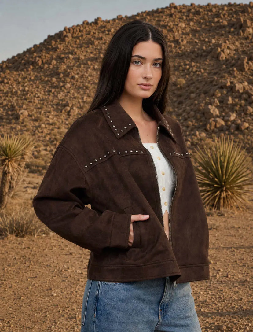 Shania Studded Faux Suede Jacket | Dark Brown