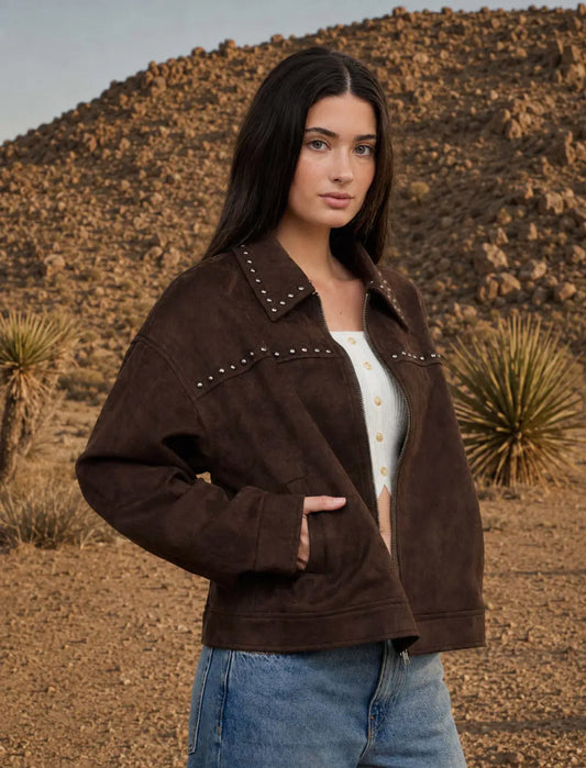 Shania Studded Faux Suede Jacket | Dark Brown