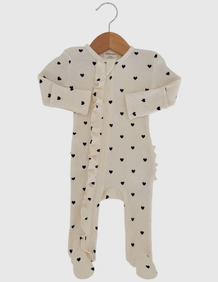 Organic Waffle 2-Way Zip Ruffle Onesie | Black Heart