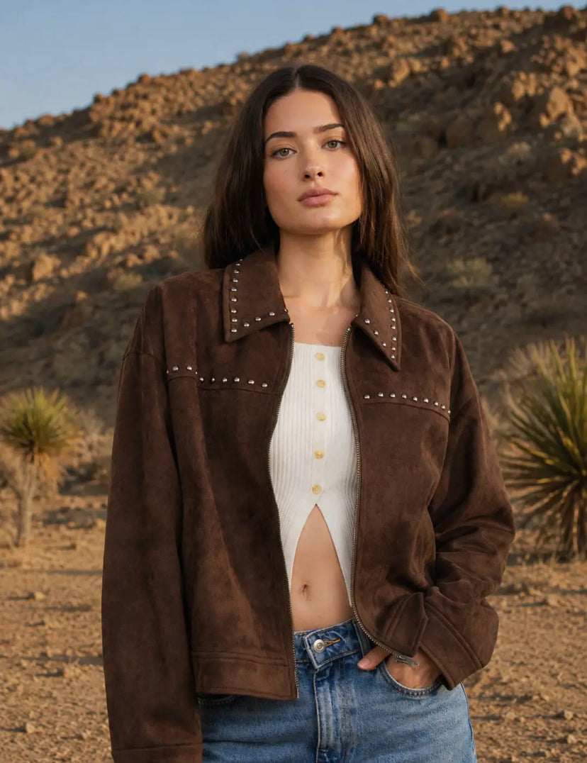 Shania Studded Faux Suede Jacket | Dark Brown