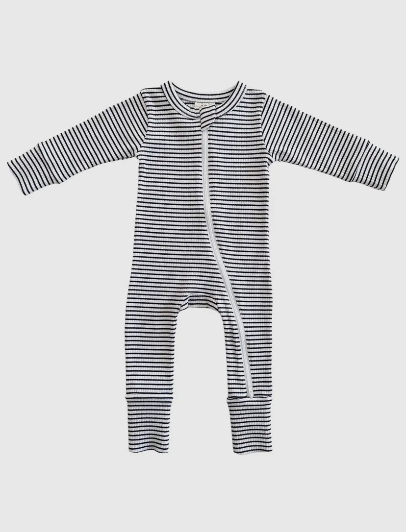 Black Striped Organic Ribbed 2-Way Zip Romper