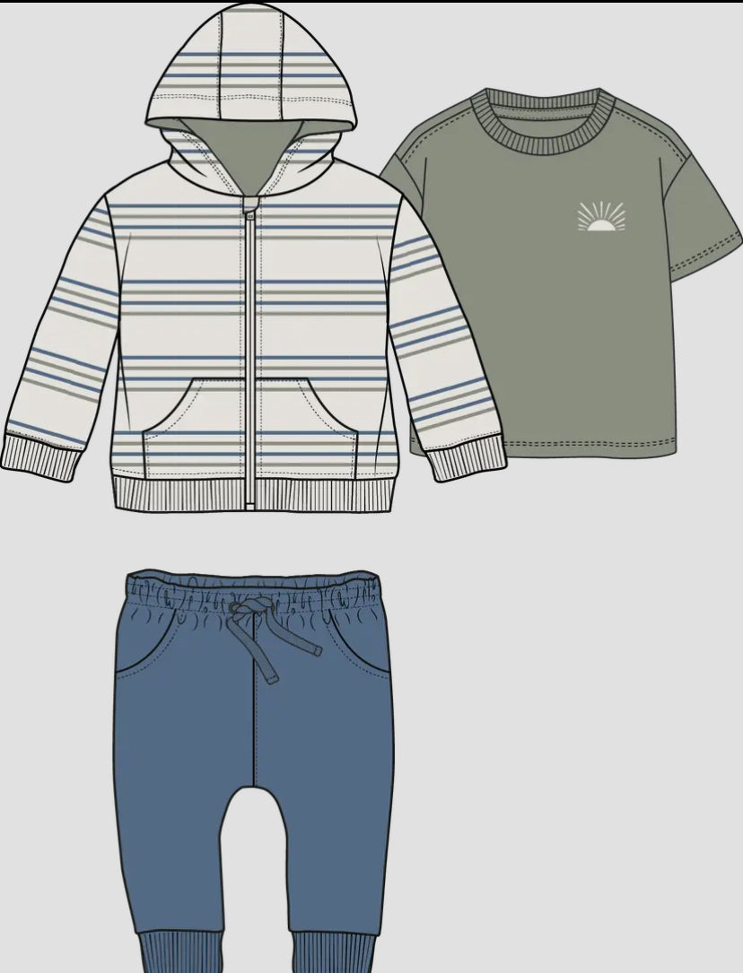 Boys 3 Piece Hooded French Terry Set | Sage Stripe