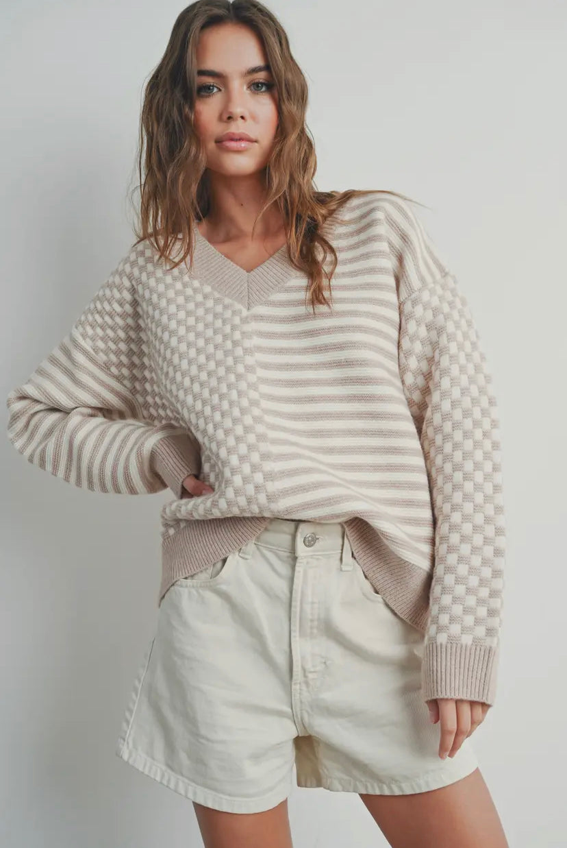 Frenchy Checker Knit Sweater | Ivory/Taupe