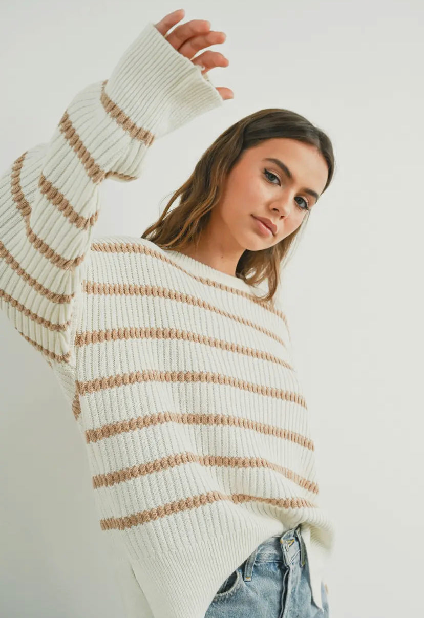 Aussie Striped Knit Sweater - Ivory/Taupe