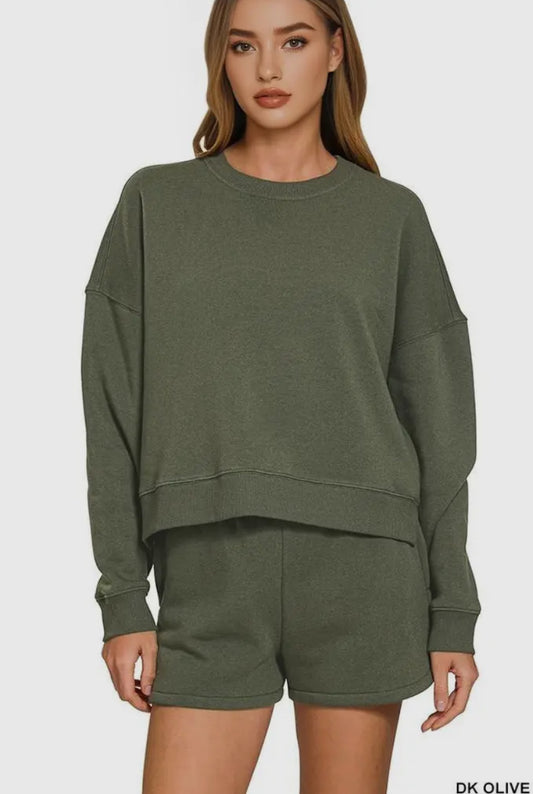 On Repeat Sweatshirt & Short Set | Dark Olive