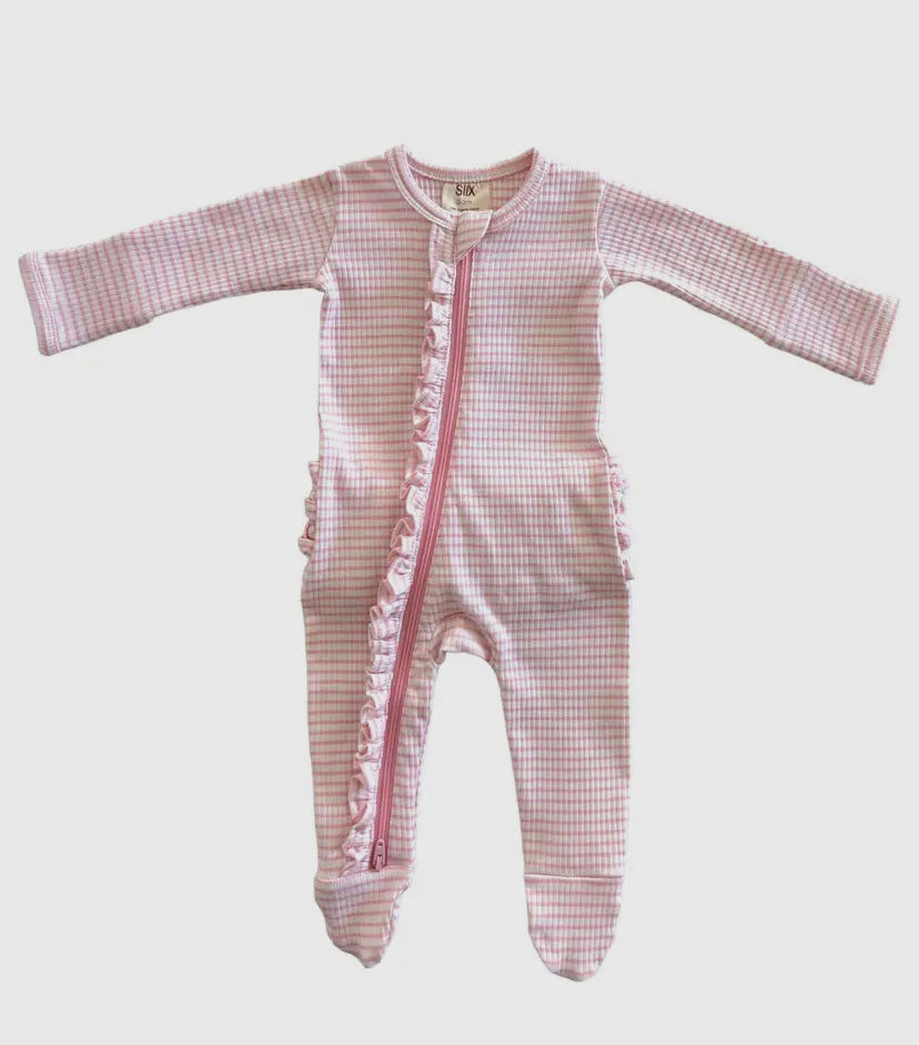 Pink Stripe Organic Ribbed Frill Zip Onesie