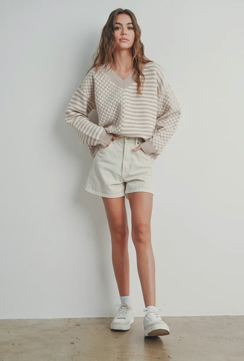 Frenchy Checker Knit Sweater | Ivory/Taupe