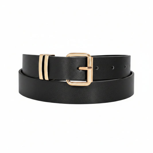 Black belt with a gold buckle on a white background