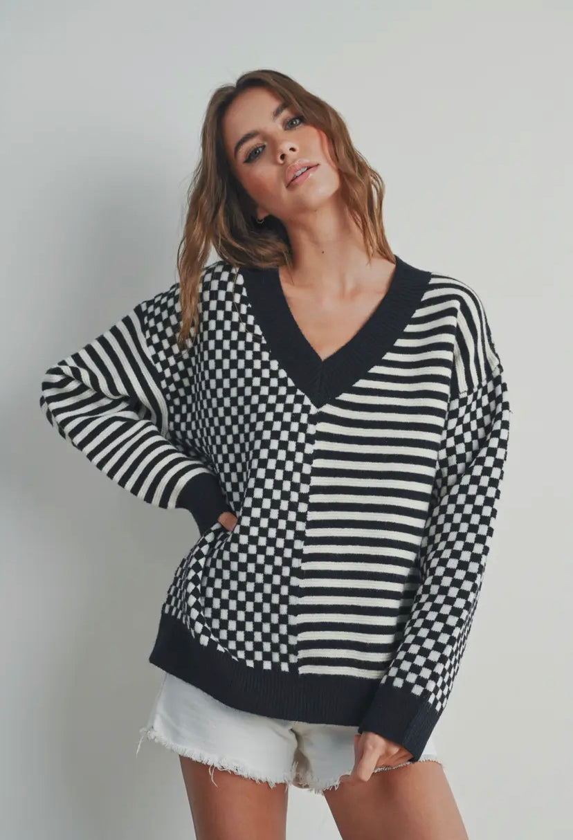 Frenchy Checker Knit Sweater | Black/Ivory