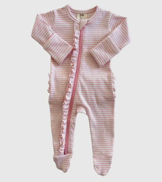 Pink Stripe Organic Ribbed Frill Zip Onesie