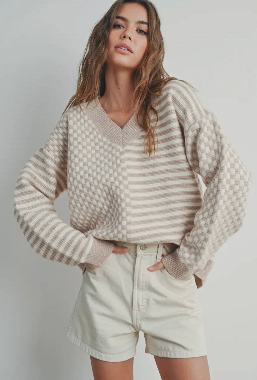 Frenchy Checker Knit Sweater | Ivory/Taupe