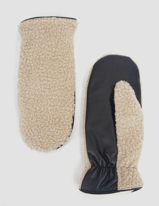 Duo Sherpa/Leather Mitts | Cream/Black