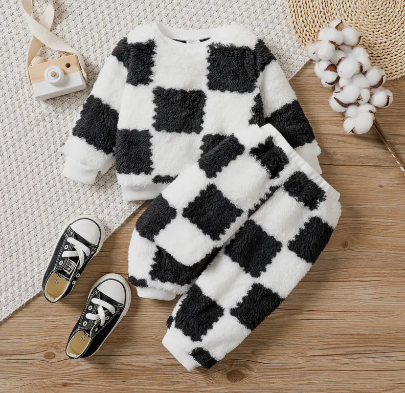 Checkered Fuzzy Sweatsuit Set