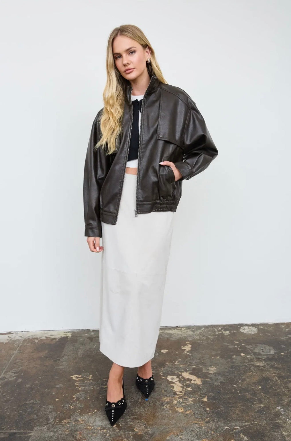 Rhodes Faux Leather Bomber | Espresso