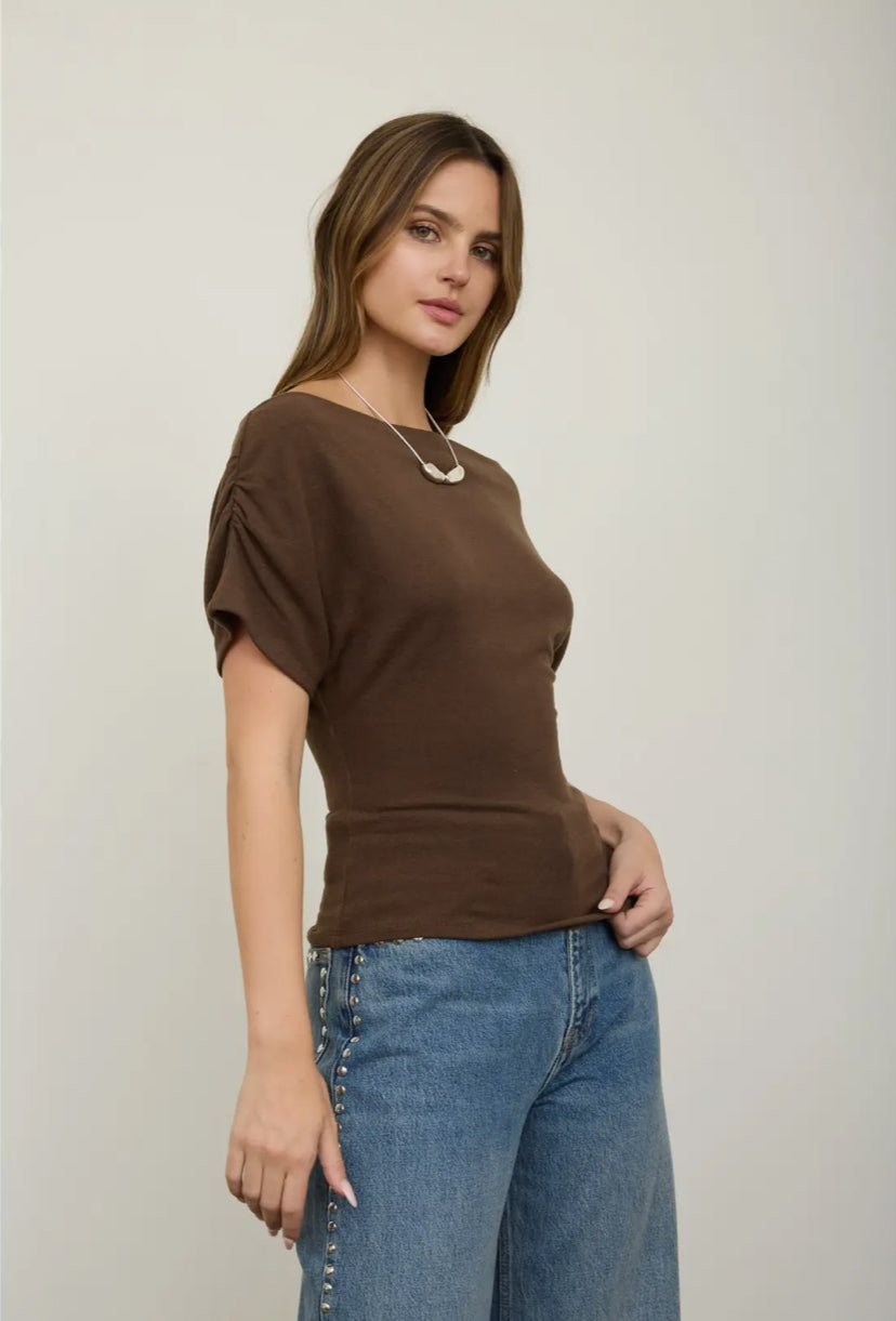 Gia Ruched Sleeve Top | Brown