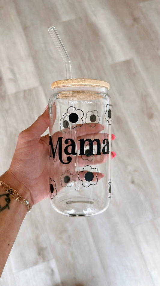 Mama Retro Floral Can Glass Black