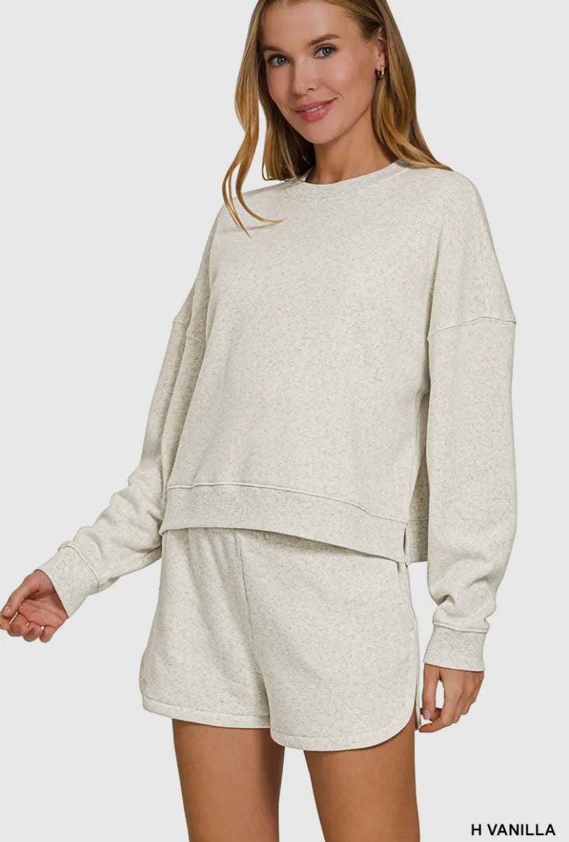 On Repeat Sweatshirt & Short Set | Heathered Vanilla