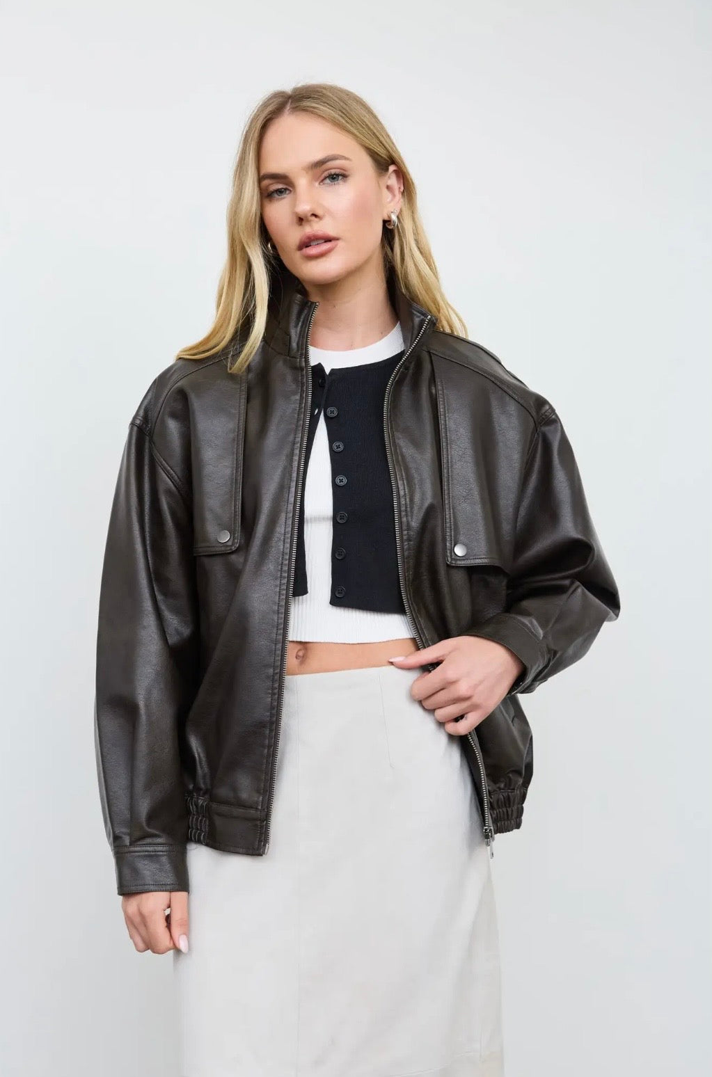 Rhodes Faux Leather Bomber | Espresso