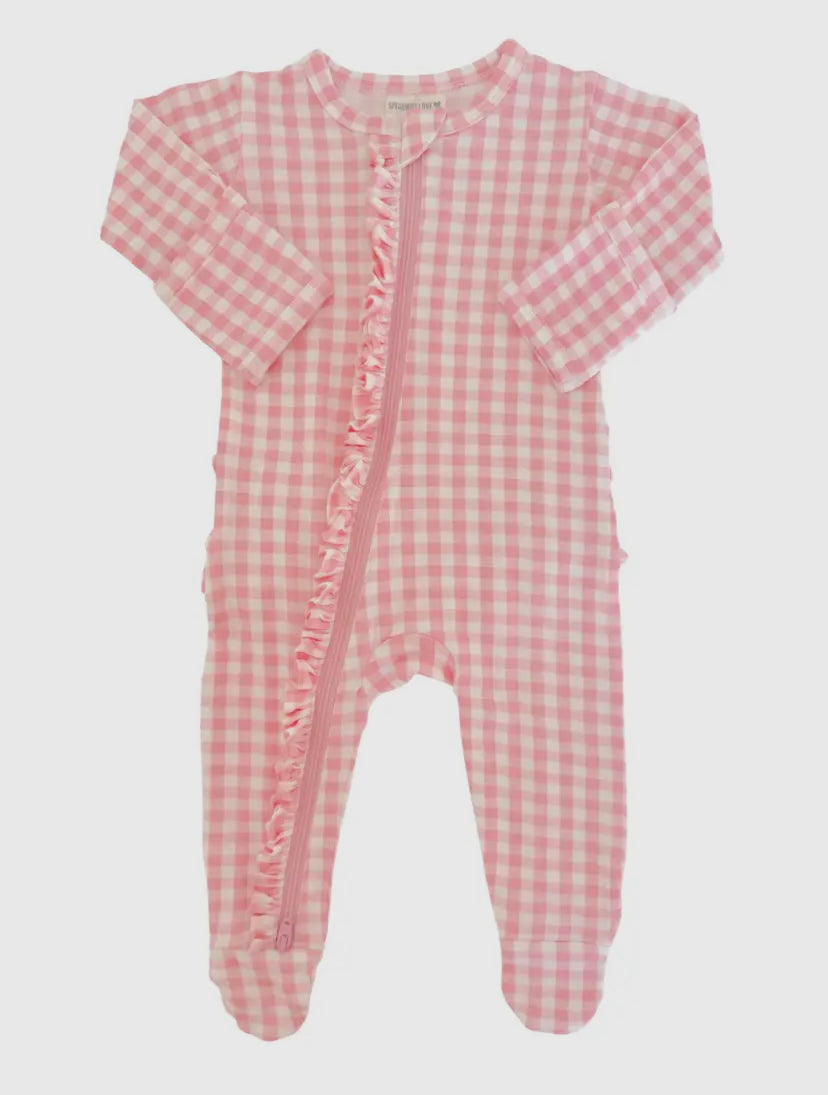 2-Way Zip Ruffle Onesie | Pink Gingham