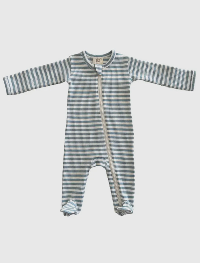 Dusty Blue Stripe Organic Ribbed Zip Onesie