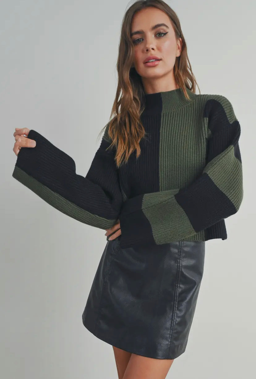 Story Colour Block Mock Neck Sweater | Black/Olive